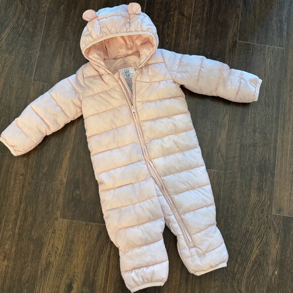 Baby Gap Pink Puffer Snowsuit Bunting with Bear Ears Size 6–12 Months - Picture 2 of 8